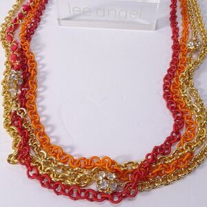 Lee Angel Color Block Ribbon Wrap Ring gold Link Fireball Necklace  NWT 378